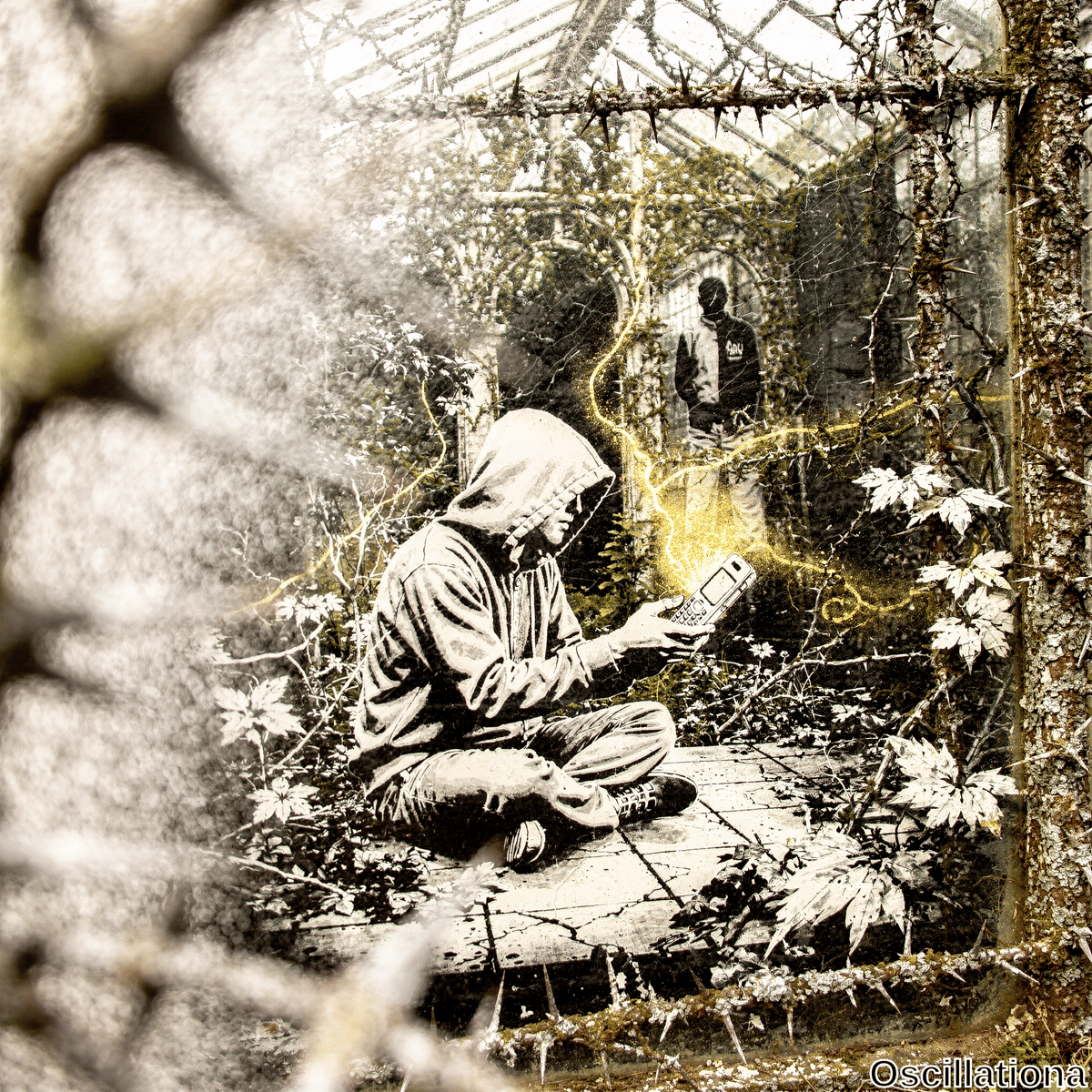 Through blurred chain-link fence topped with rusted barbed wire, Banksy-style stencil mural depicts hooded youth cross-legged in decayed Victorian glasshouse, old brick phone sparking yellow-golden arcs amid mossy vines; shadowy observer lurks