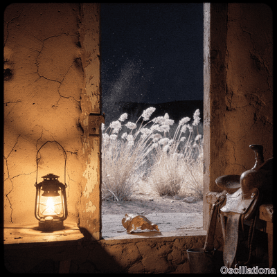 Warm oil lantern light illuminates rustic adobe walls and leather saddle inside while white desert plants glow under Milky Way outside the window.
.