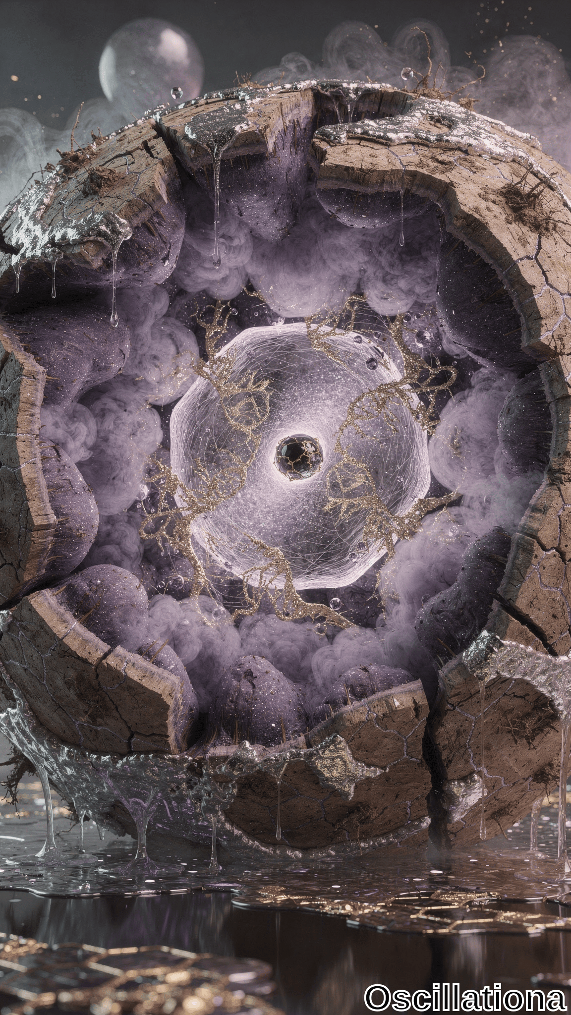 A surreal, abstract scene centers on a cracked, earthy sphere with a rough, textured surface, suggesting a geological formation