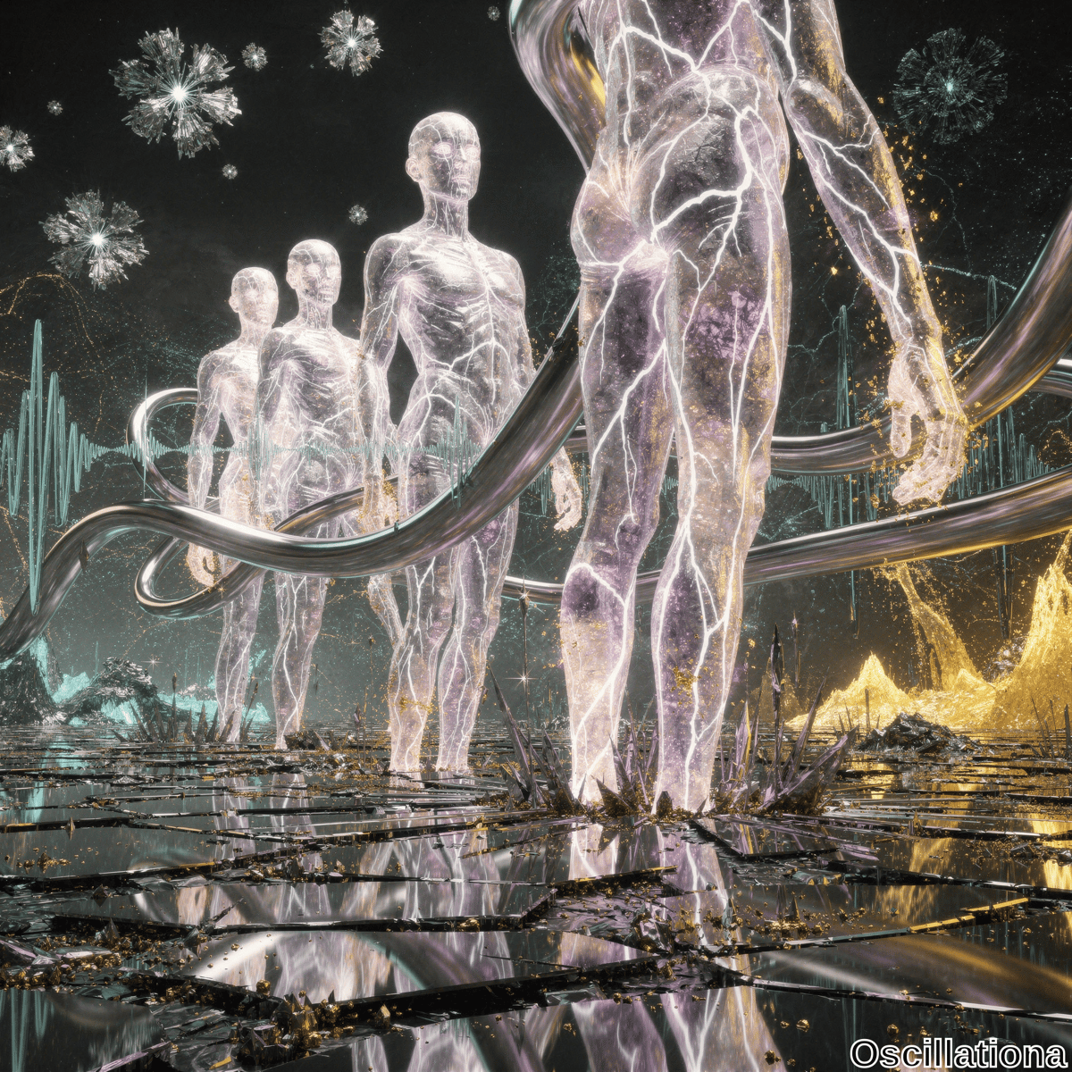 Four translucent, crystalline humanoid figures with cracks and glowing electric patterns in purple, white, and yellow walk forward on a reflective, cracked ground