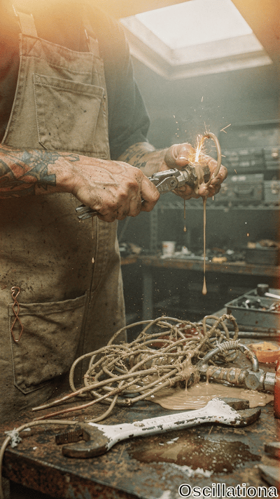 Close-up cinematic photo of tattooed man's dirty hands (vibrant red, blue, green ink on forearms) gripping pliers on sparking metal ring in dim workshop. Orange-yellow sparks fly, thick tan molten metal drips