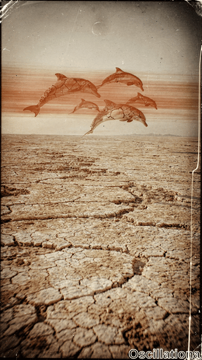 Vintage sepia-toned photo with aged scratches and torn edges shows surreal dusk desert: cracked beige salt flats with polygonal fissures, distant mountains; sky fades blue-gray to orange-pink sunset, faint crescent moon, ethereal semi-transparent