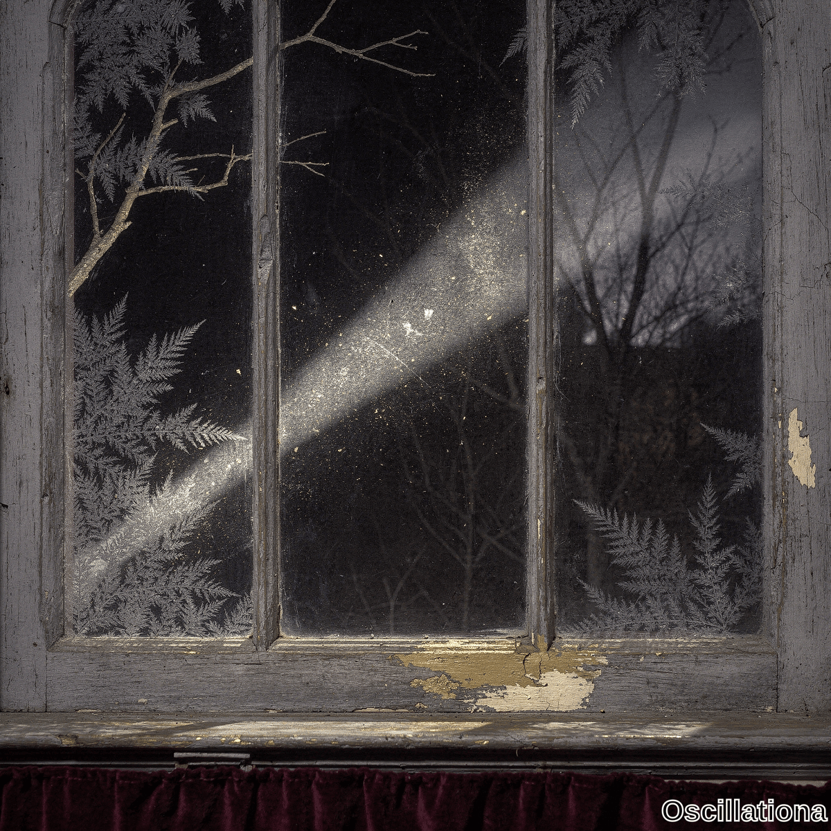 Moody view through antique window with peeling frame and frost patterns on glass lit by diagonal light with golden particles and burgundy curtain.
 (adjusted to 145 chars)