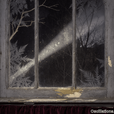 Moody view through antique window with peeling frame and frost patterns on glass lit by diagonal light with golden particles and burgundy curtain.
 (adjusted to 145 chars)