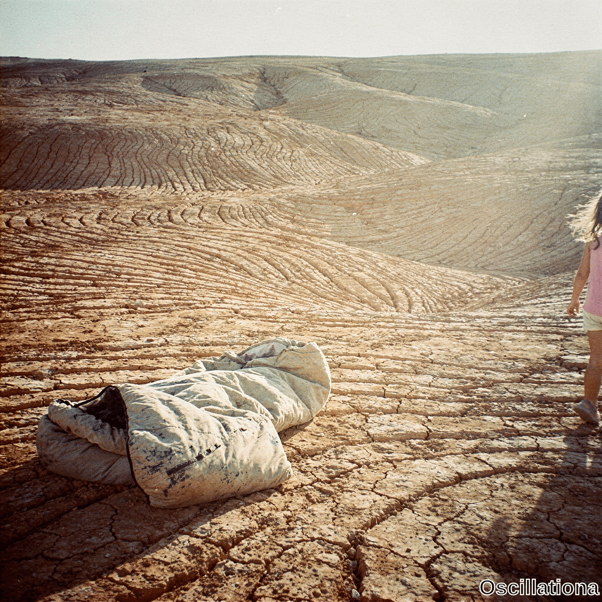A young girl in pink top walks away across a desolate desert with cracked earth and a crumpled sleeping bag in the foreground under a hazy sky. 
The vast barren scene evokes harsh isolation and survival.