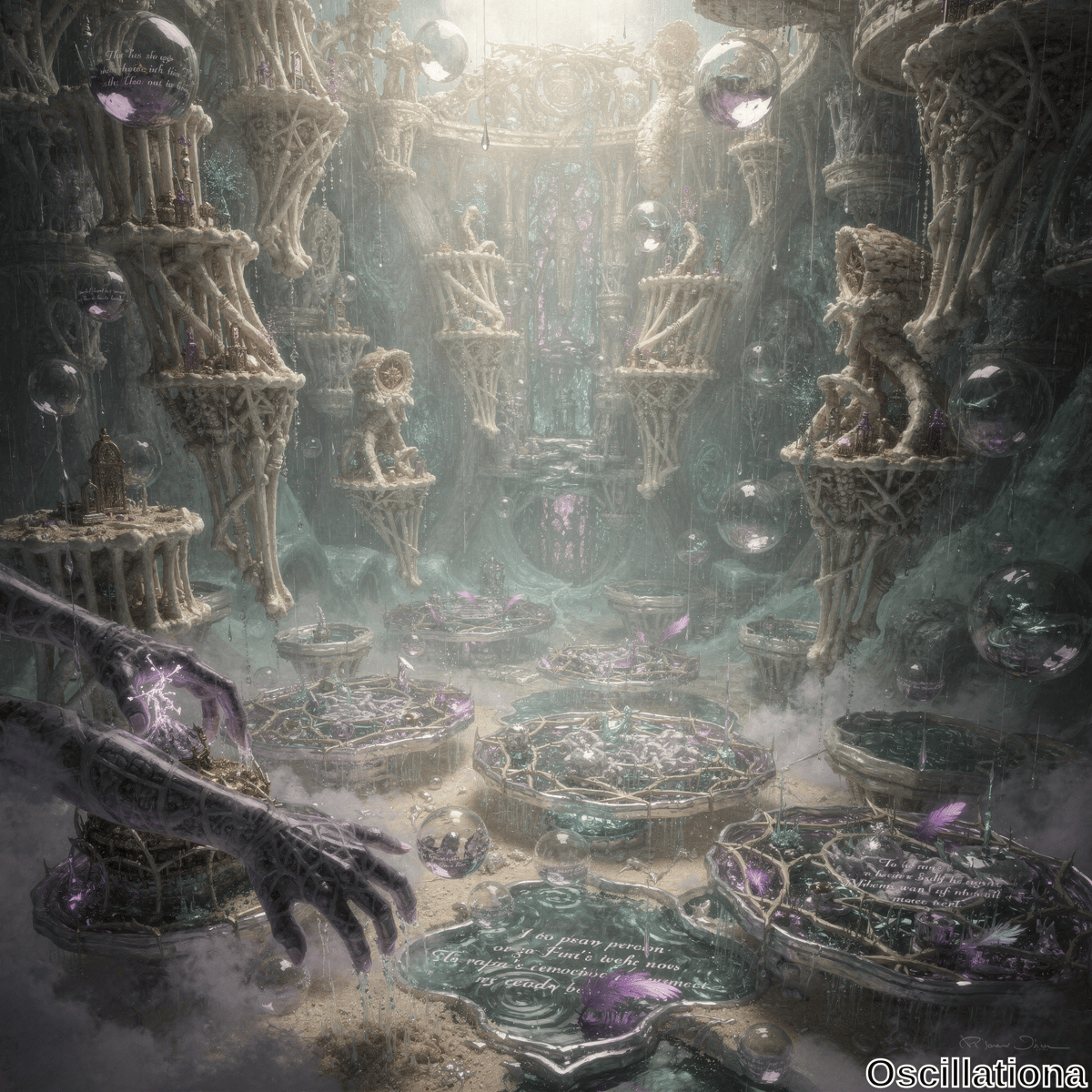 A fantastical cavernous scene with organic coral-like structures and ancient ruins, filled with floating orbs containing glowing lights and inscriptions