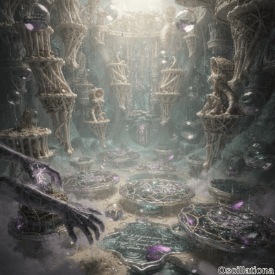 A fantastical cavernous scene with organic coral-like structures and ancient ruins, filled with floating orbs containing glowing lights and inscriptions
