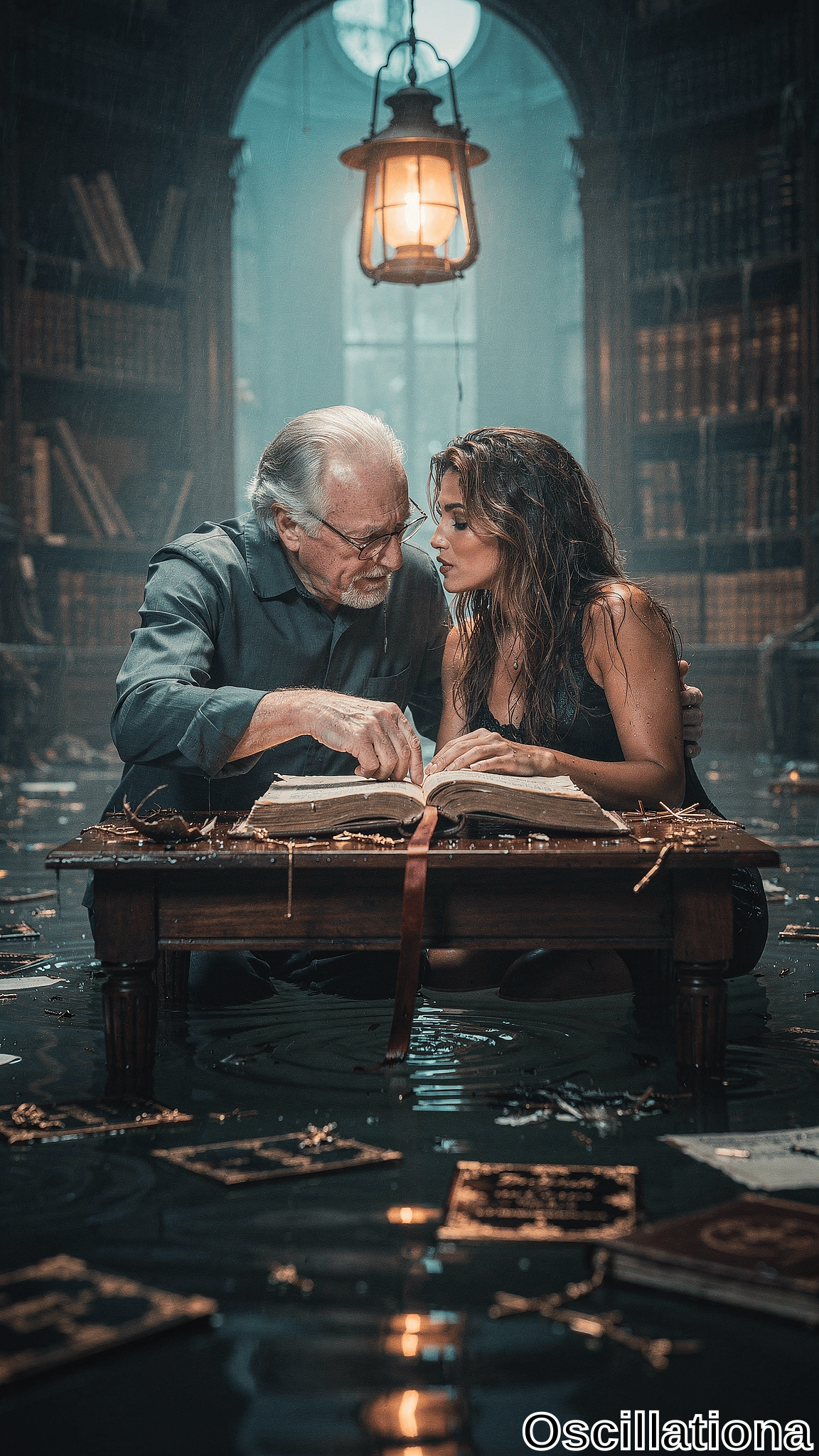 Dramatic flooded gothic library with dark teal walls, towering leather-bound bookshelves, and arched windows. Elderly white-haired man in glasses leans over young woman with wet wavy brown hair in black lace dress, studying massive open ancient book