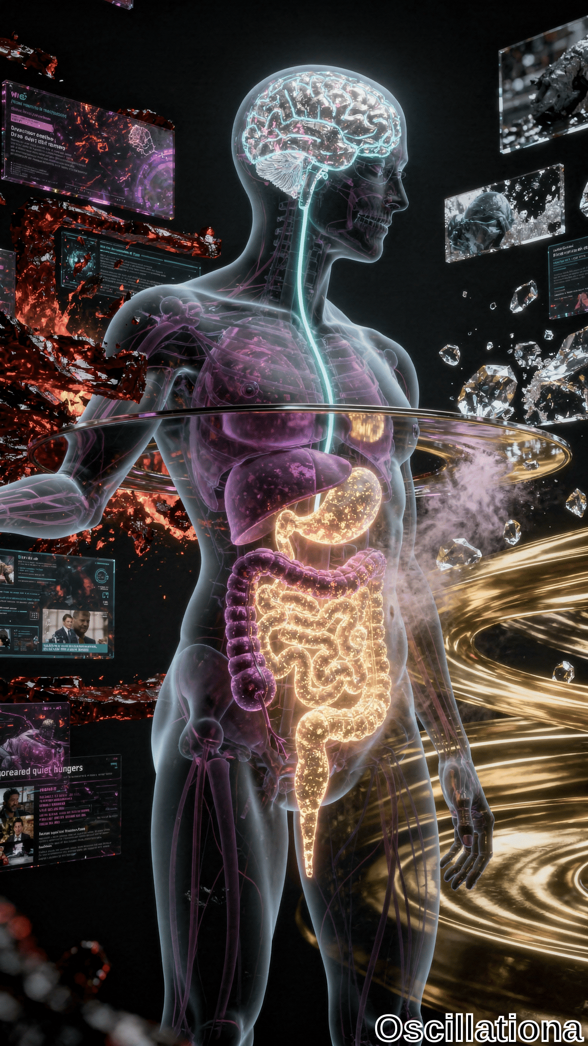 A translucent human figure with a glowing blue and white brain, showcasing internal anatomy