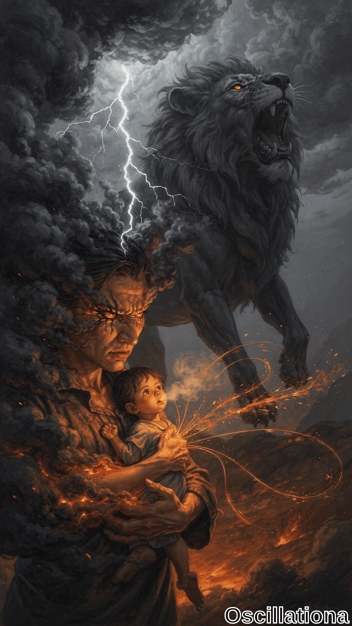 A muscular man with glowing cracked skin cradles a child beneath a massive black lion roaring amid lightning and storm clouds. Intense oranges and blacks create a dramatic, protective atmosphere.