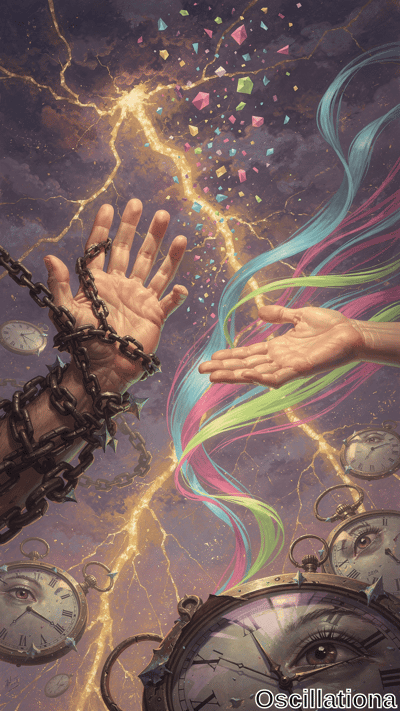 A spiked chain binds one hand reaching upward while a free palm extends toward it, surrounded by floating eye-filled pocket watches, golden lightning, and swirling cyan-pink ribbons against a stormy purple sky.