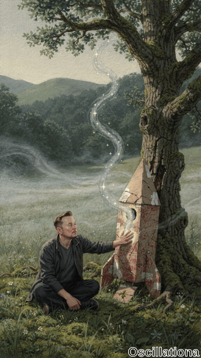 Painterly fantasy art of Elon Musk with short blond hair and goatee, kneeling cross-legged in misty green meadow dotted with wildflowers, touching weathered red-brown cardboard rocket against ancient oak tree. It emits glowing white sparkles and