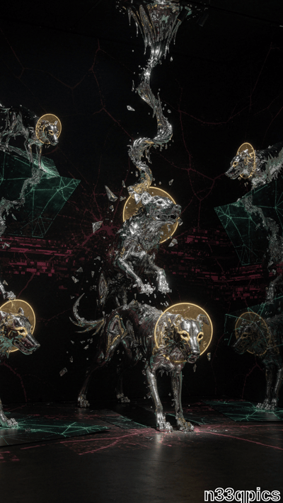 Shattering wolves made of splashing metallic liquid stand amid glowing golden rings, set against a black void with red cracks and green geometric lines.