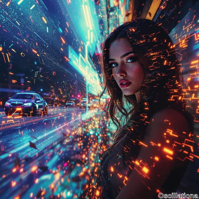 A cyberpunk scene with a woman on the right, her face partially lit by neon lights, looking calm.