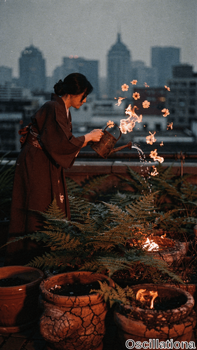 Surreal dusk rooftop garden in hazy urban skyline: profiled woman with dark bun in flowing maroon kimono pours from rusty watering can; water transforms mid-air into floating orange fiery daisies & dripping flames over lush green ferns in cracked