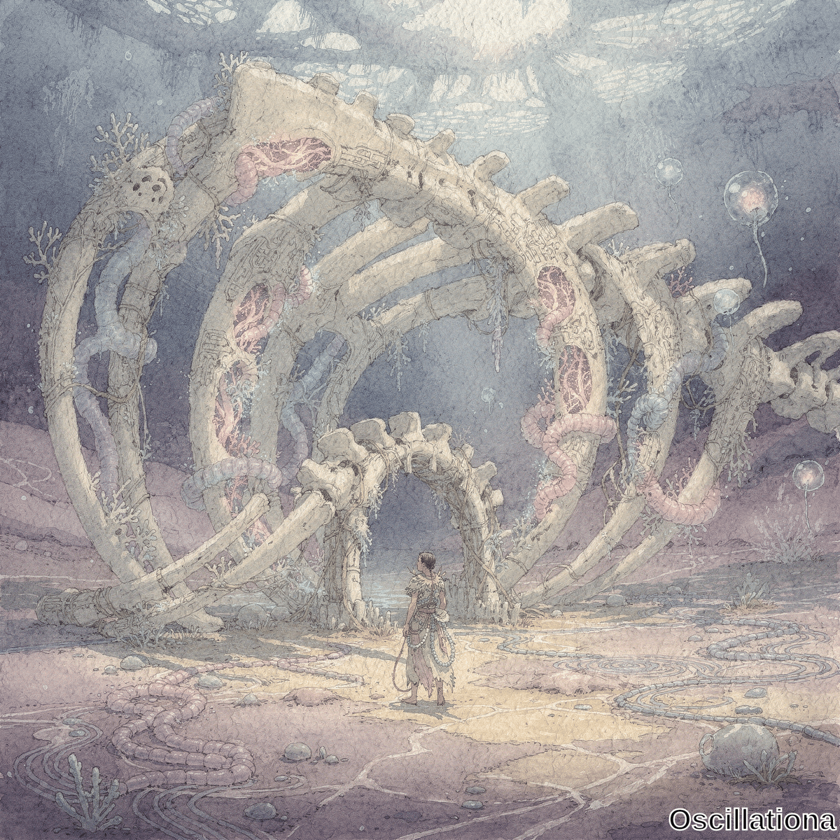 Lone explorer in tribal attire stands on sandy seabed before massive bone-like arches of ancient ruins with glowing pink veins and purple tentacles.
.