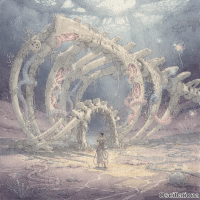 Lone explorer in tribal attire stands on sandy seabed before massive bone-like arches of ancient ruins with glowing pink veins and purple tentacles.
.