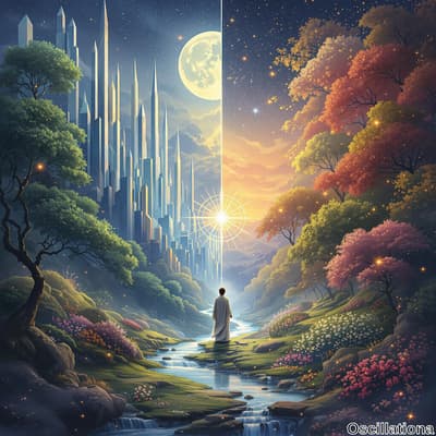 "Image of two contrasting landscapes divided by a luminous vertical line; left side shows a twilight city with crystal skyscrapers and a large moon, right side displays a vibrant natural scene with colorful trees in red, orange