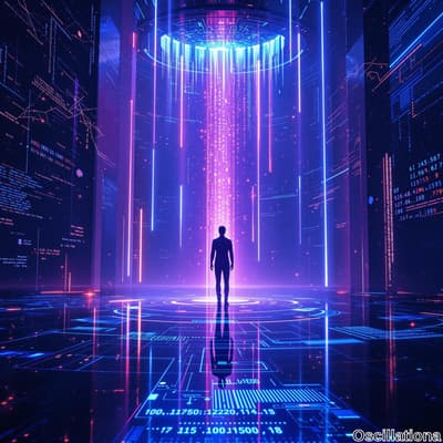 A silhouette of a person faces a glowing UFO-like structure emitting blue, purple, and pink light beams in a high-tech hall.