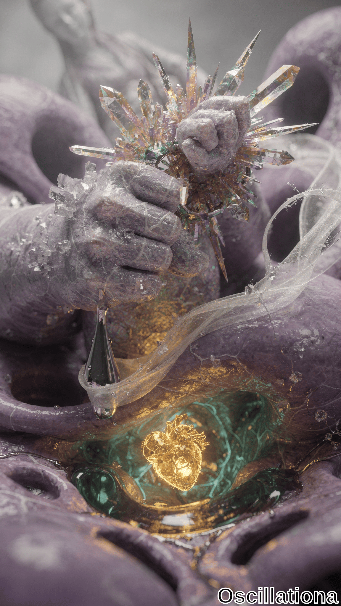Large, crystalline hands with a frosty texture hold iridescent crystals emitting a soft, multicolored glow