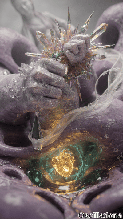 Large, crystalline hands with a frosty texture hold iridescent crystals emitting a soft, multicolored glow