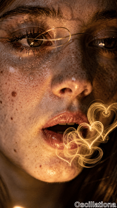 Close-up of a freckled woman with wet skin and thin glasses, exhaling swirling golden heart-shaped light trails from parted lips under warm dramatic lighting.