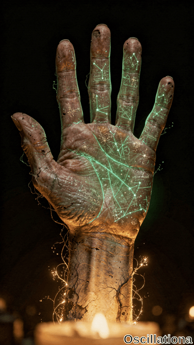 An aged human hand with visible cracks and creases is set against a dark background, illuminated by a warm, golden light from a candle below