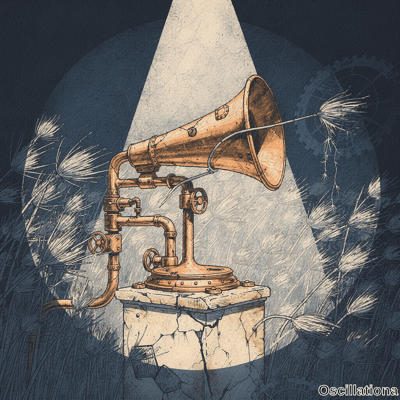 Steampunk brass gramophone on stone pedestal under spotlight disperses dandelion seeds from horn against dark background with gears in engraved art.
.