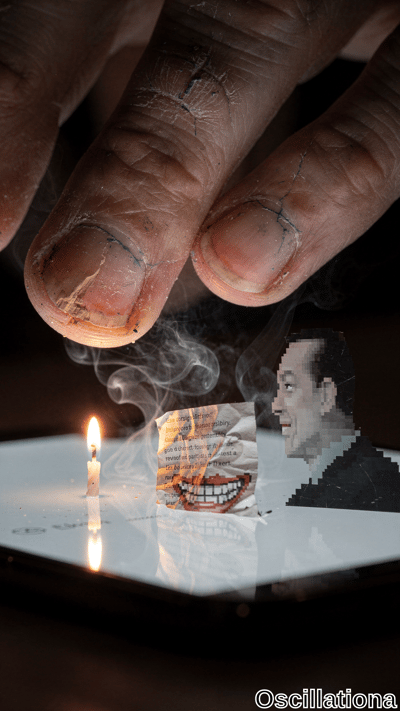 Dirty fingers hold a burning piece of pixel art above a lit candle on a glossy tablet screen showing matching 8-bit portraits, with white smoke curling in warm low light.