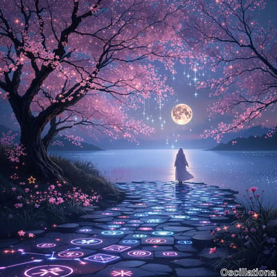 A serene nighttime scene with a full moon illuminating a figure in a flowing white robe standing on a stone path with glowing pink, blue, and white symbols.