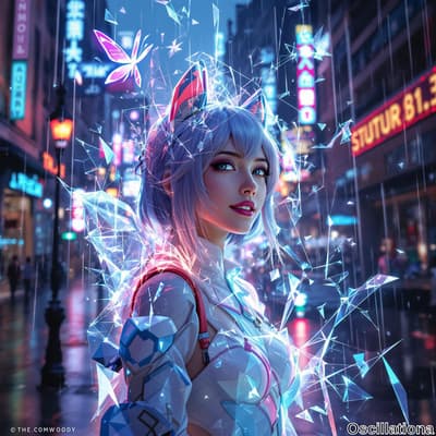 A young woman with light blue bob and cat ears in a cyberpunk city at night, wearing a high-tech outfit with geometric patterns in white, blue, and red.