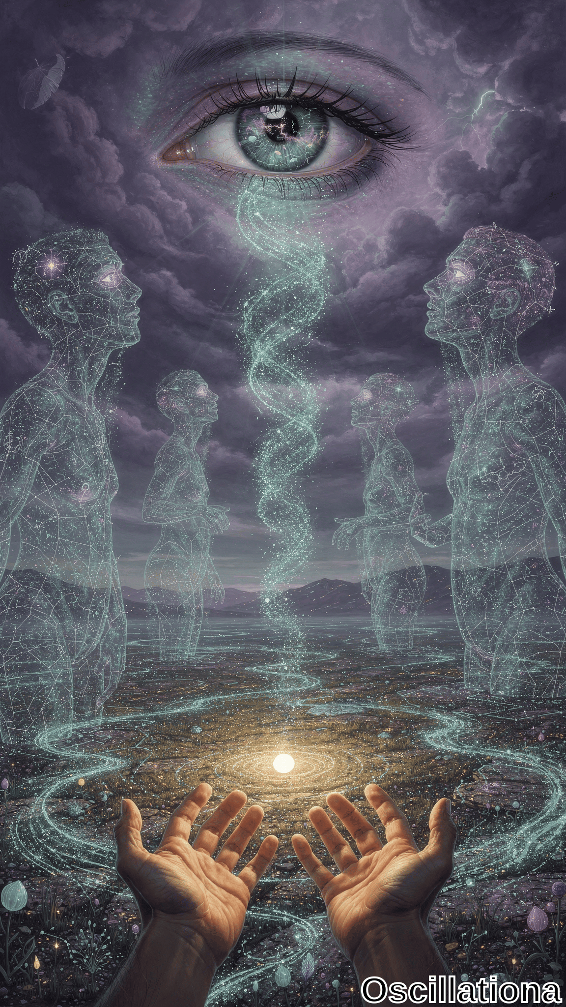 A surreal cosmic scene with a large, realistic human eye against a stormy purple sky with lightning