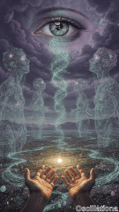 A surreal cosmic scene with a large, realistic human eye against a stormy purple sky with lightning