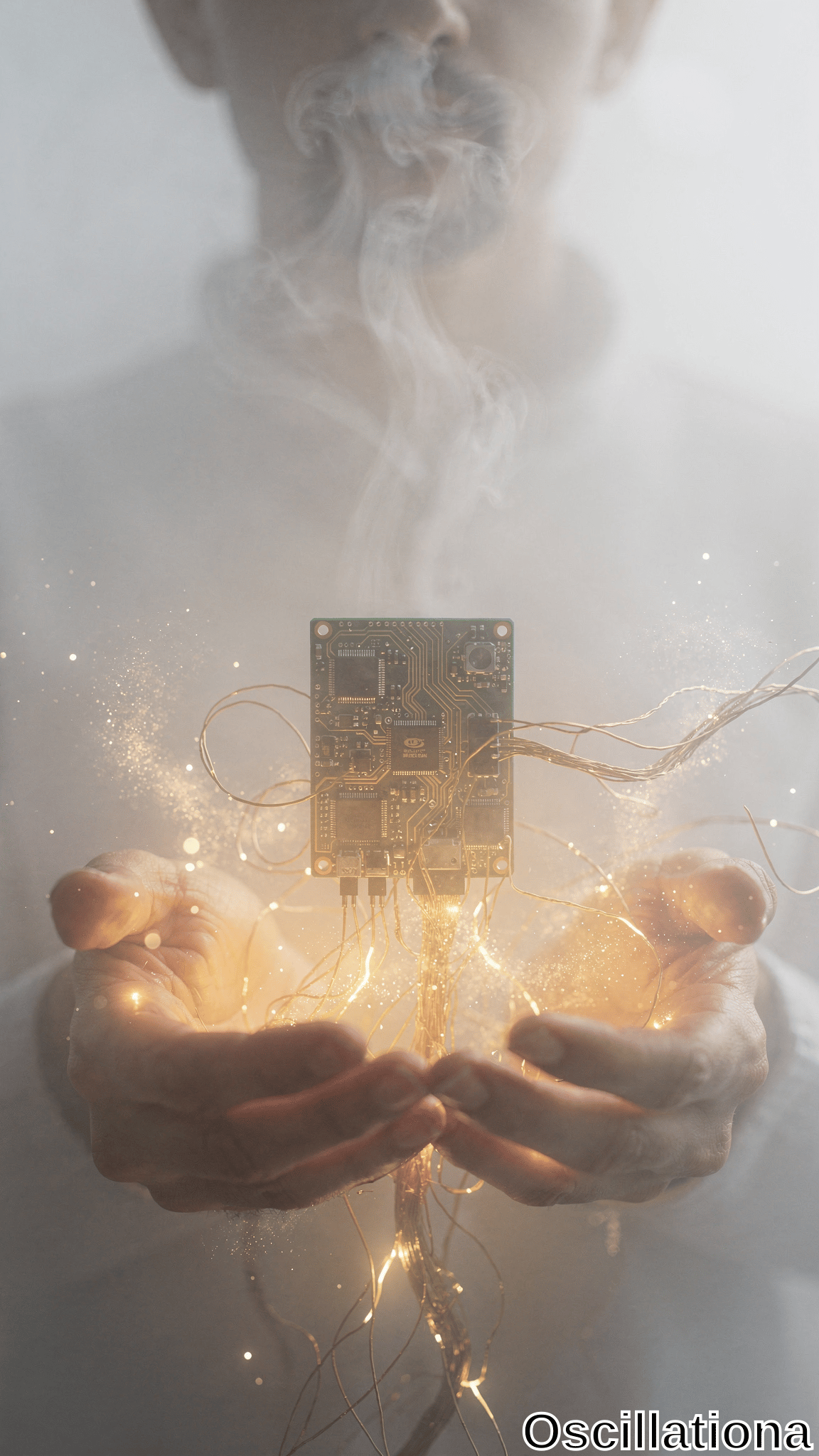 A person holds a green circuit board with electronic components like chips and connectors, bathed in warm golden-yellow light