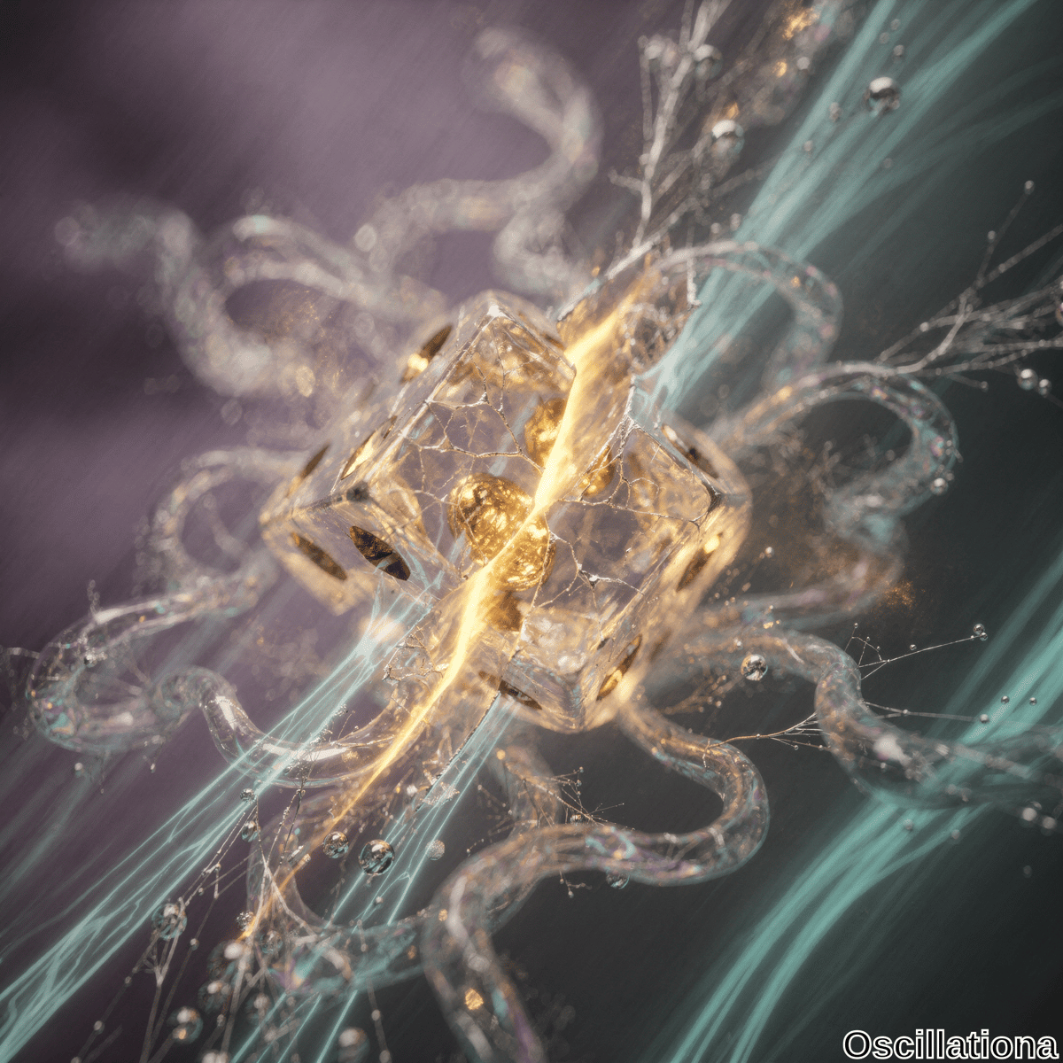 A surreal abstract scene centers on a glowing golden cube or complex geometric shape, radiating bright light and energy