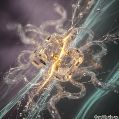 A surreal abstract scene centers on a glowing golden cube or complex geometric shape, radiating bright light and energy