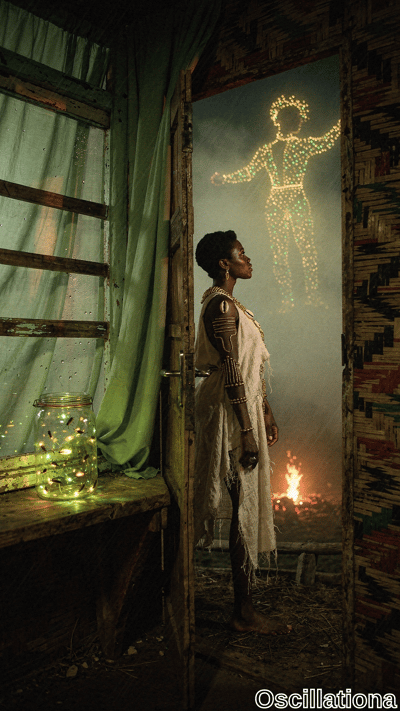 Mystical rainy night in rustic hut: tattooed Black woman with short curly hair, gold jewelry in flowing off-white garb stands in left profile, awed gaze upward. Glowing green firefly jar on table; outside