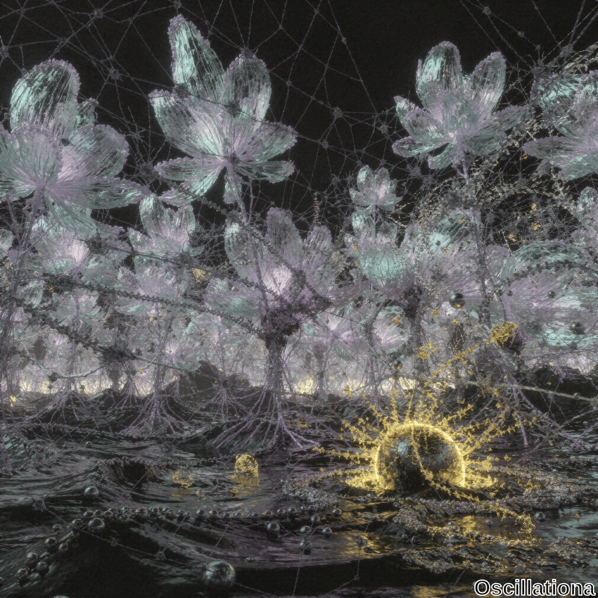 A surreal landscape with large, translucent flowers in light purple and blue, resembling crystals or frost, connected by web-like structures against a dark background