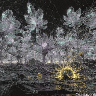 A surreal landscape with large, translucent flowers in light purple and blue, resembling crystals or frost, connected by web-like structures against a dark background