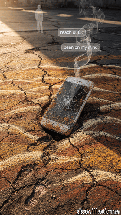 Cracked silver iPhone 6/7 with gold accents, spiderweb-shattered screen, rust, and dirt abandoned on arid cracked asphalt in rusty oranges, burnt yellows, browns. Golden-hour sun casts long shadows