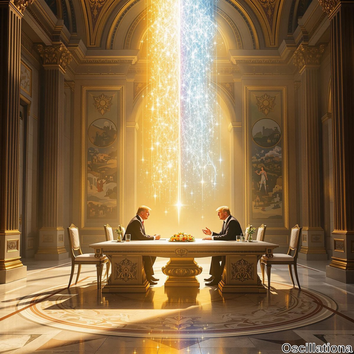 Alt: "Grand room with ornate columns and detailed murals, two people at a large table in serious discussion, surrounded by small objects.
