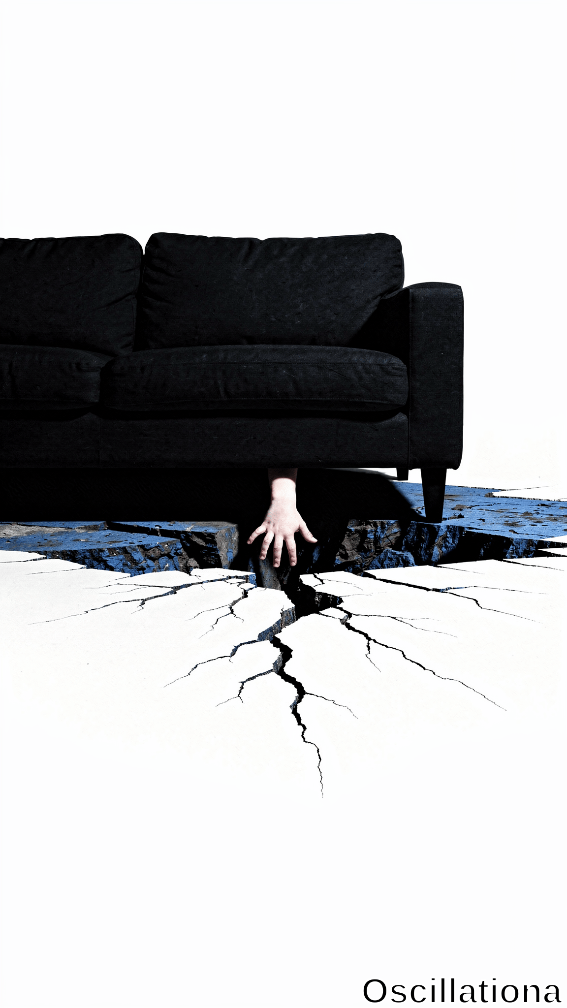A black sofa rests above a white floor shattered by jagged cracks, with a hand reaching upward from the fissure below. Stark high-contrast surreal scene in black and white.