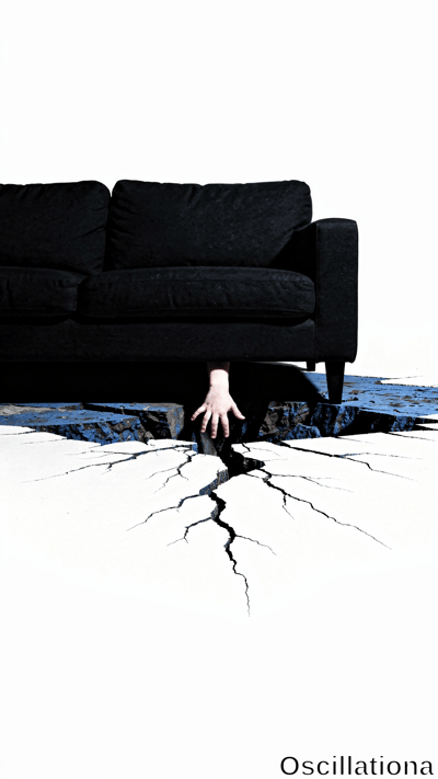 A black sofa rests above a white floor shattered by jagged cracks, with a hand reaching upward from the fissure below. Stark high-contrast surreal scene in black and white.