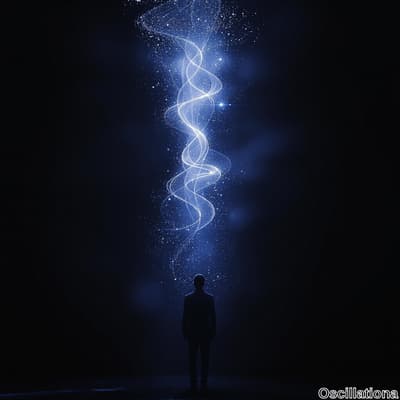 Silhouette of a person at the bottom center, facing upwards towards swirling blue light trails that ascend towards the top, surrounded by sparkling particles on a deep black background, evoking themes of transcendence and cosmic connection.