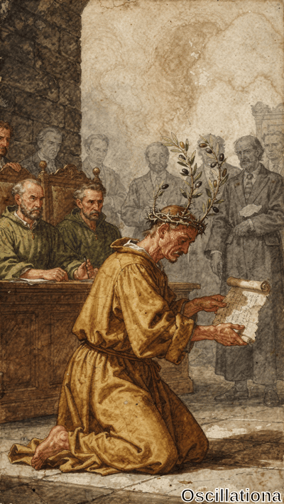 Sepia-toned gouache on aged paper depicts St. Francis, elderly in saffron hooded robe and olive wreath, kneeling barefoot to present tattered scroll to two stern green-robed men at wooden desk in dimly lit Gothic hall