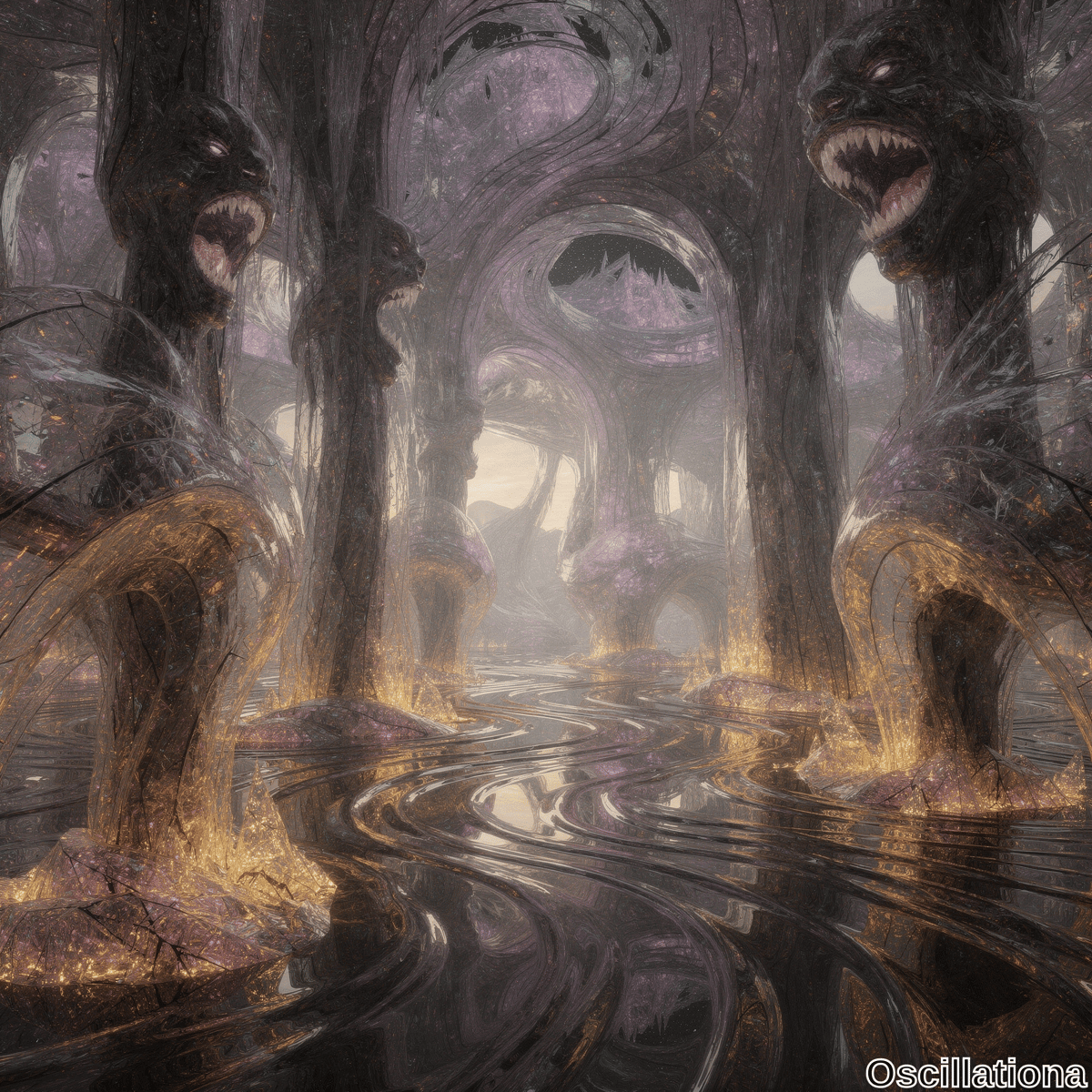 A surreal, otherworldly landscape with towering, organic pillars resembling twisted trees or fungi, each with menacing, open-mouthed faces
