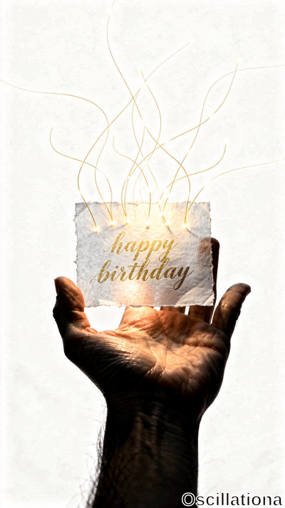 A hand holds torn paper with 'happy birthday' in gold script, emitting bright golden light rays against a pale background. The composition feels celebratory and luminous.