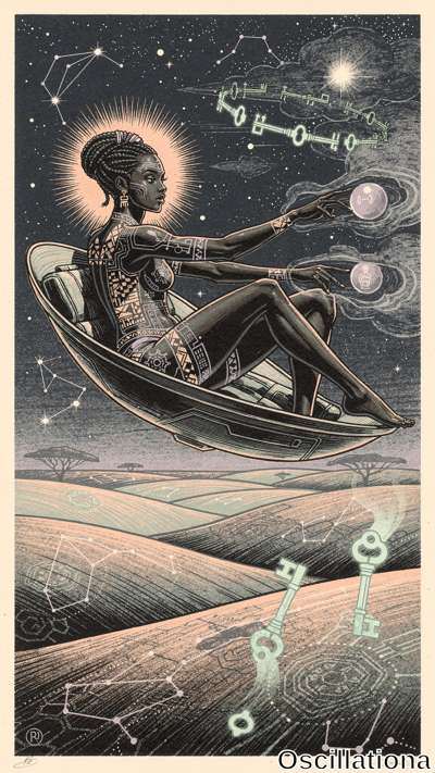 A braided woman reclines in a sleek floating vessel, extending her hand toward glowing keys and planets beneath a constellation-filled night sky over rolling hills.