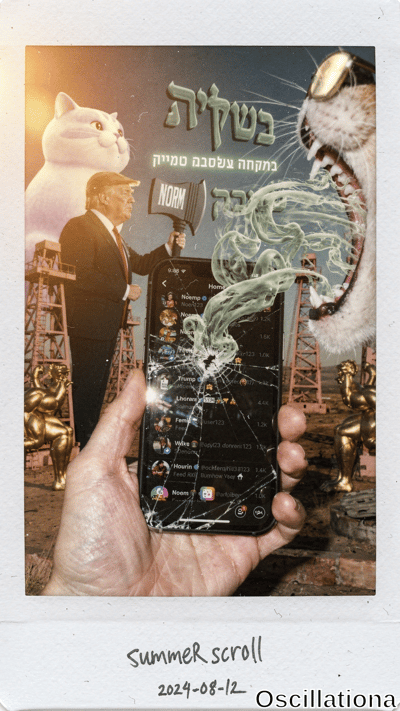 Polaroid of tanned hand holding shattered iPhone with glowing cracks revealing dim Twitter feed (Trump, Norm posts, notifications), surreal neon poster backdrop: giant white cat, roaring tabby, Trump with axe & NORM sign,