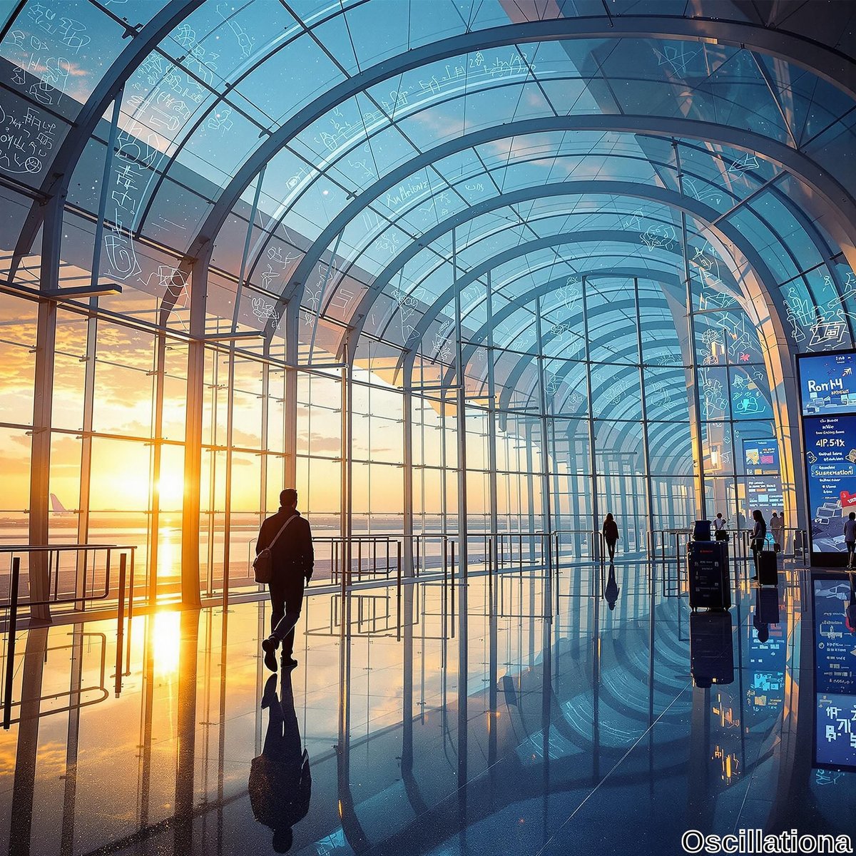 "A modern airport terminal with large glass arches, bathed in warm orange and yellow hues of sunrise or sunset.